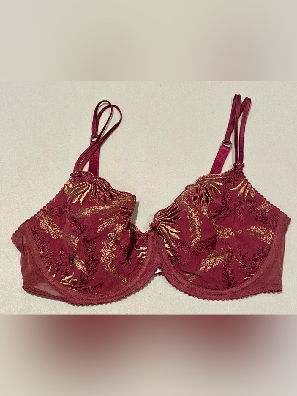 Ballet Burgundy Lace Underwire Bra with Gold Accents, size 36D